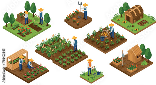 Isometric farming scenes with farmers in various garden activities
