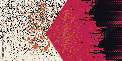 Bright red halftone dot pattern with energetic black orange splashes - contemporary digital art. modern vector.