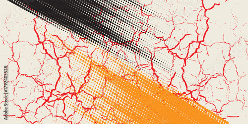 Bright red halftone dot pattern with energetic black orange splashes. eps 10 illustration.