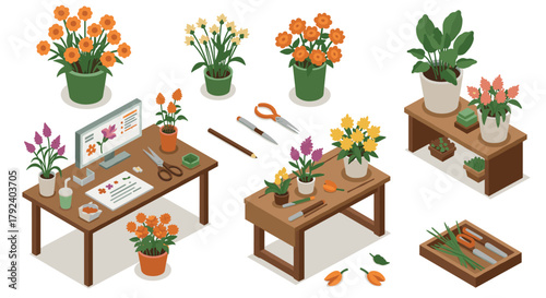Isometric garden workspace with potted flowers and gardening tools on wooden tables