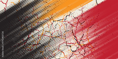 Bright red halftone dot pattern with energetic black orange splashes. eps 10 illustration.