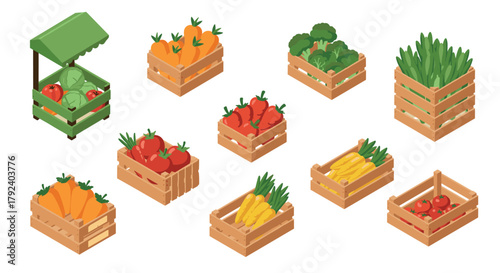 Vibrant assortment of fresh vegetables in wooden crates for market display