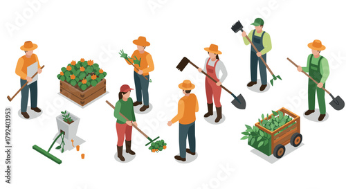 Isometric gardening teamwork farmers harvesting vegetables and flowers together