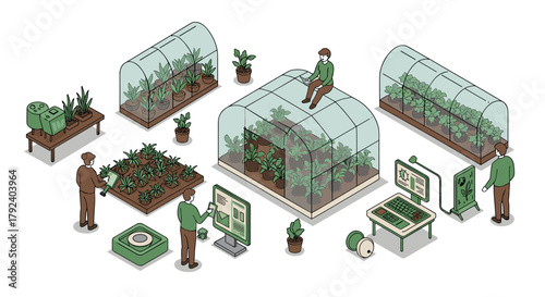 Greenhouse farming isometric urban gardening with modern technology and sustainable practices