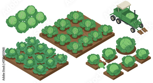 Isometric cabbage farm with harvesting tractor in action
