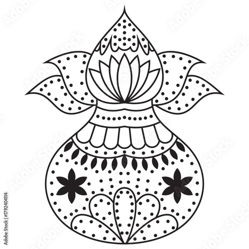 Indian Wedding Kalash Clipart with Lotus Decorative Outline Vector for Invitation Design, Decorative Kalash Pot with Lotus Outline in Traditional Indian Folk Art Vector Design