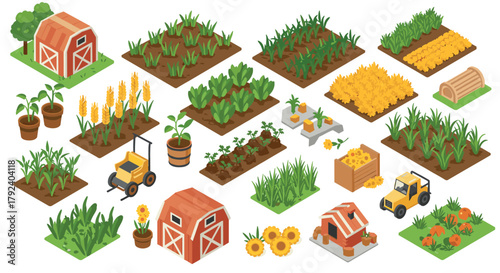 Isometric farm landscape with barns, crops, and farming equipment in vibrant colors