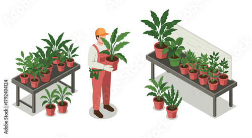 Isometric gardening scene with potted plants and gardener in overalls
