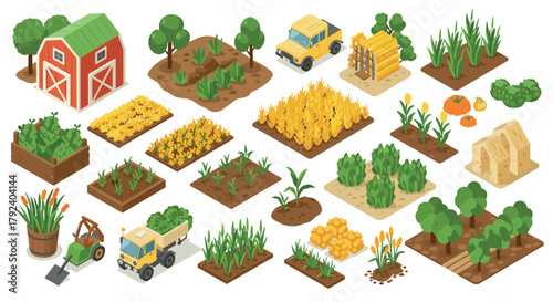 Isometric farm elements set with fields, crops, and machinery for agricultural design