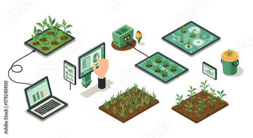 Smart agriculture technology with isometric digital devices and plant growth analytics