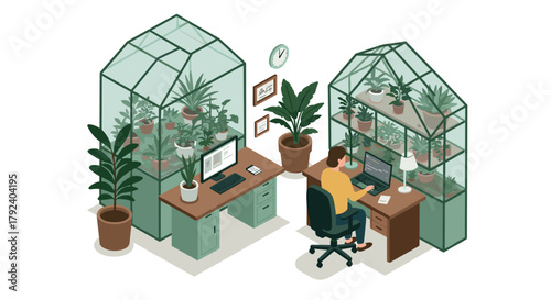 Isometric home office with indoor plants and mini greenhouses for a natureinspired workspace
