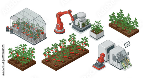 Isometric modern farming greenhouses, automation, and urban agriculture