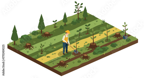 Isometric tree farming scene with farmer working on reforestation in geometric design