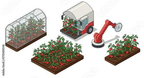 Isometric automated farming with greenhouse, robotic arm, and tomato plants in innovative agriculture