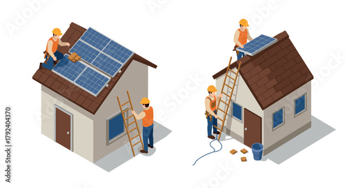 Isometric workers installing solar panels on house roofs