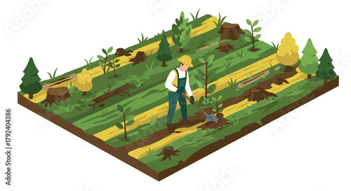 Isometric reforestation concept with gardener planting trees in a clear cut forest area