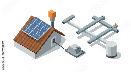 Isometric solar energy system with house panel and electrical components