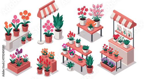 Isometric flower market stalls with vibrant blooms and decorative plant arrangements