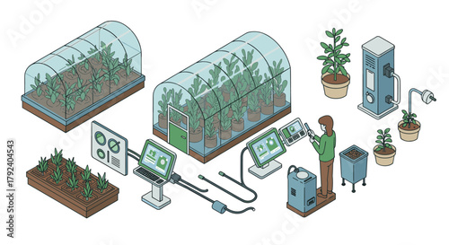 Advanced isometric greenhouse automation with hightech gardening equipment