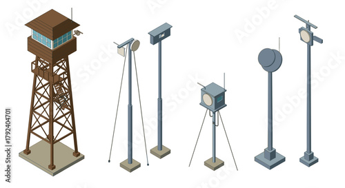 Isometric watchtower and industrial light poles set for architectural design