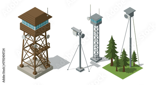 Isometric watchtower and communication antenna set with detailed trees