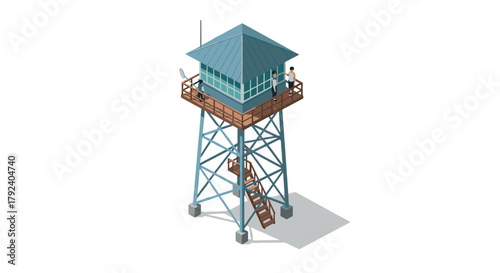Isometric forest ranger observation tower with wooden staircase and metal structure