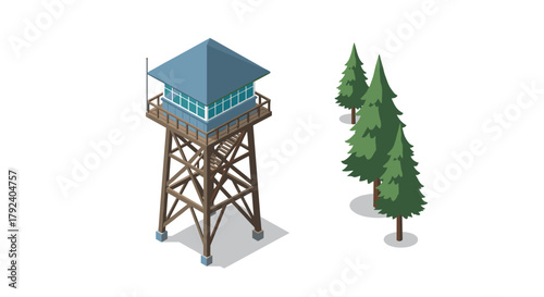 Forest observation tower and pine trees in isometric design on a white background
