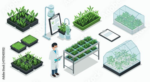 Modern isometric hydroponic farming with greenhouse elements and lab monitoring