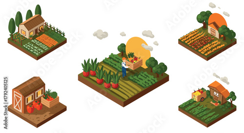 Isometric farm life scene with crops, farmer, and market stall