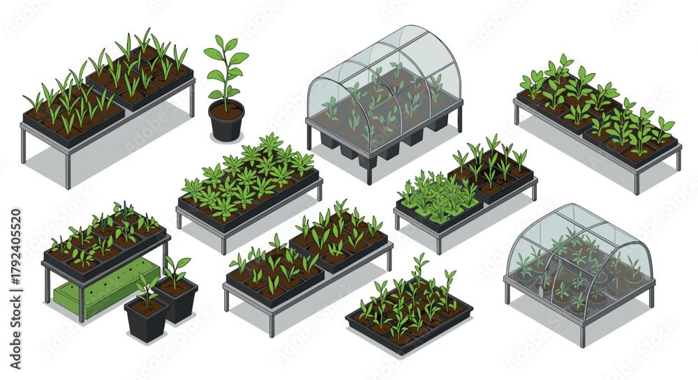 Obraz premium Isometric garden beds and greenhouse elements for modern urban gardening
