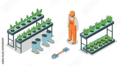 Modern isometric urban gardening scene with potted plants and gardener