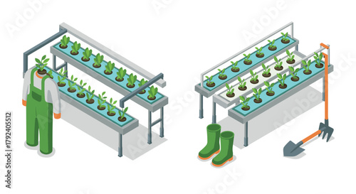 Isometric hydroponic farming concept with plants, person, and tools