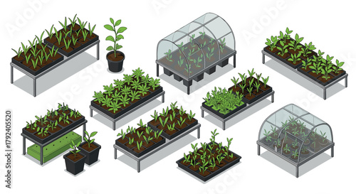 Isometric garden beds and greenhouse elements for modern urban gardening