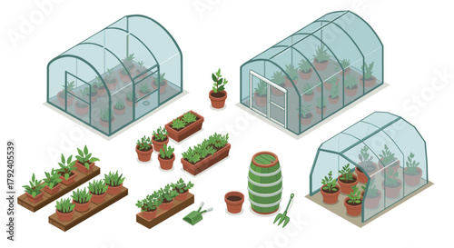 Isometric greenhouse designs with potted plants and garden tools