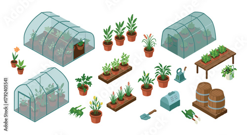 Isometric garden scene with greenhouses, plants, and gardening tools