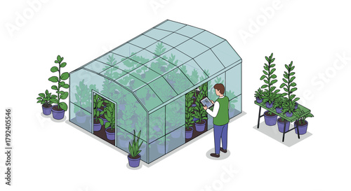 Smart gardening concept with person monitoring indoor plants in glass greenhouse in isometric style