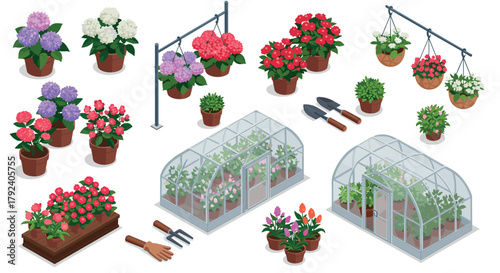 Colorful garden plants and greenhouses with gardening tools