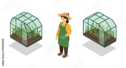 Isometric garden scene with greenhouses and gardener in apron and hat