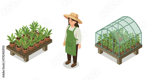 Isometric gardening scene with greenhouse, plants, and gardener in hat and apron