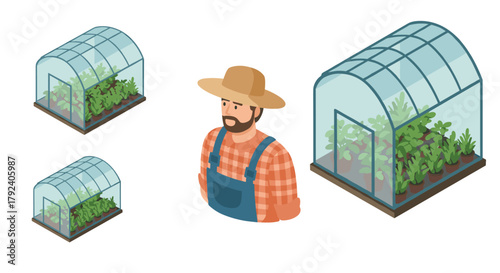 Isometric greenhouses and farmer with plants in 3d design