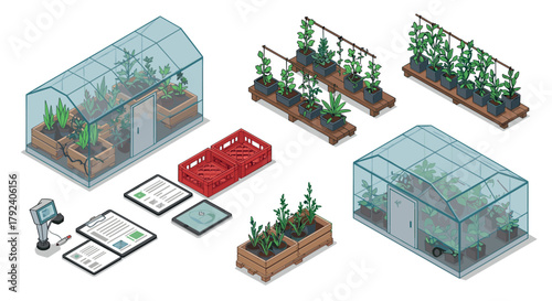 Isometric greenhouse set with plants and gardening tools for sustainable urban farming