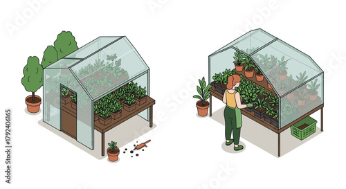Small greenhouse gardening scene with potted plants and gardener in isometric style