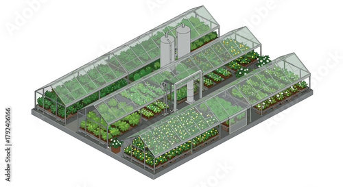 Sustainable agriculture modern isometric greenhouse with lush vegetation and advanced technology
