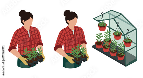 Gardening enthusiast holding seedlings next to greenhouse with hanging plants in isometric style
