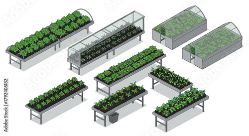 Isometric greenhouse design with various indoor plant beds for modern gardening