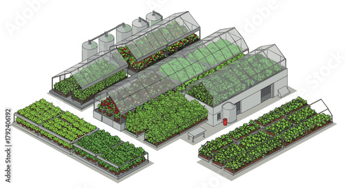 Isometric greenhouse farm design featuring sustainable urban agriculture and hydroponic systems