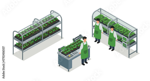Isometric hydroponic farming automated plant cultivation and modern gardening technology