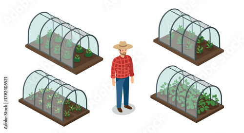Isometric greenhouse farming with farmer and lush vegetable growth
