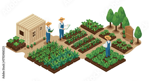 Community garden isometric scene with farmers tending to crops and monitoring growth