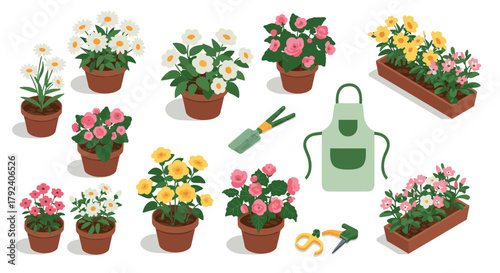 Colorful potted flowers and gardening tools in flat design